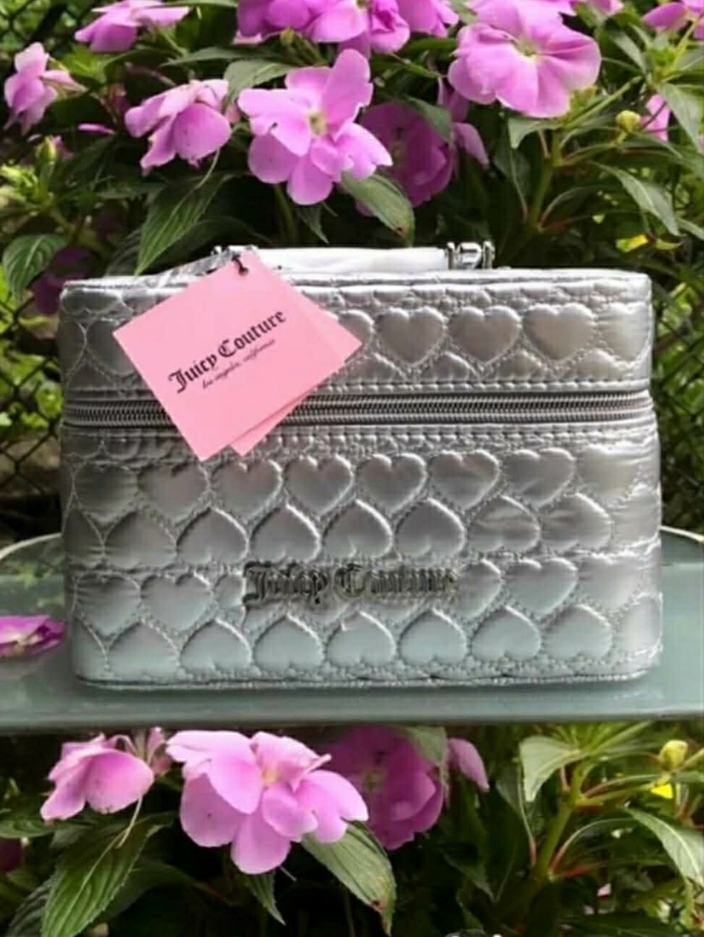Juicy Couture Metallic SILVER Hard Shell Train Case Puffer Hearts *BNWT